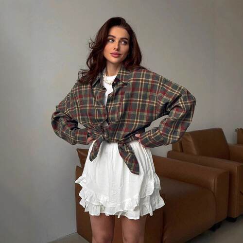 Checkered shirt for women's outerwear, medium to long