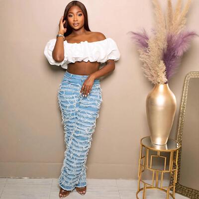 Women's straight leg jeans, women's worn high waisted pants