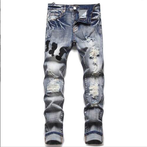 Men's jeans with holes, patches, elastic small leg pants,