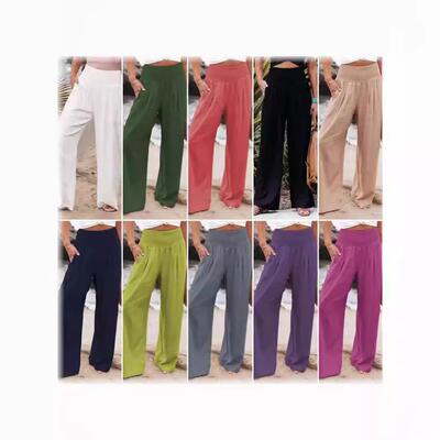 Women's cotton and linen elastic waist wide leg pants,