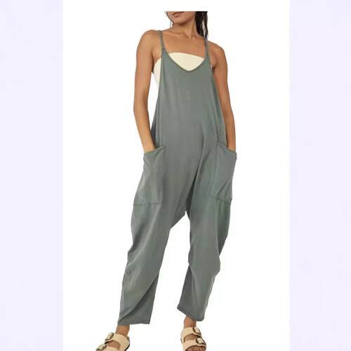 Women's size single zipper patch bag suspender jumpsuit,