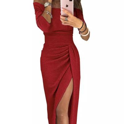 Ladies' hip hugging slit one neck dress, shiny dress,