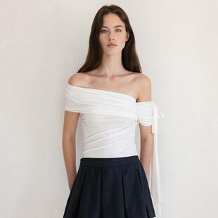 Light mature style slanted shoulder small ribbon knitted