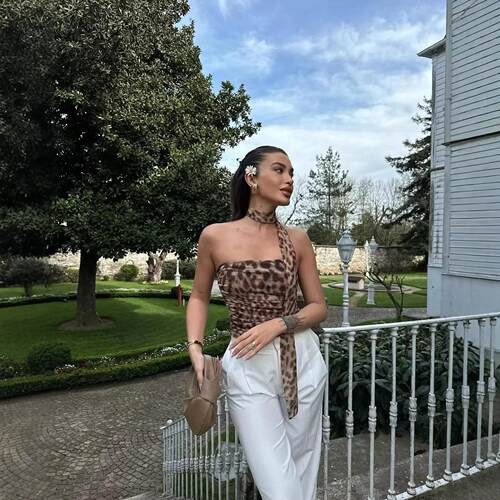 Animal print hanging neck strapless top silk mesh skirt set