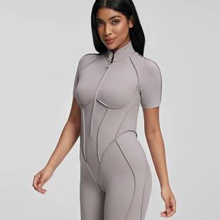tight fitting short Sports zipper suit sleeved strip yoga