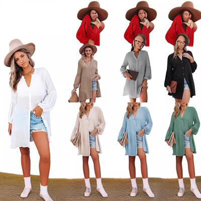 Lantern sleeve mid length shirt jacket women's long