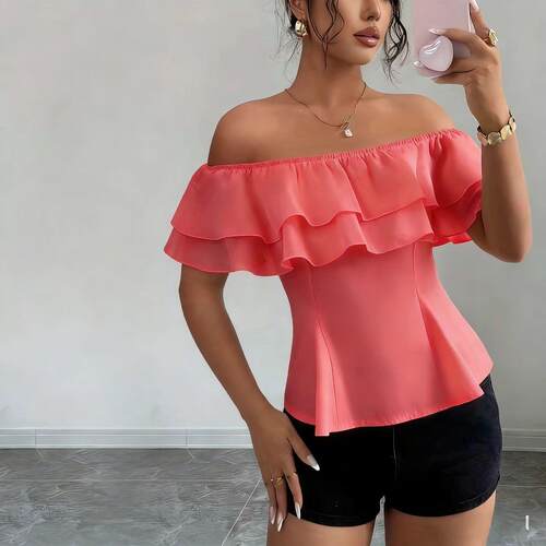 One collar ruffled shirt with off shoulder short top