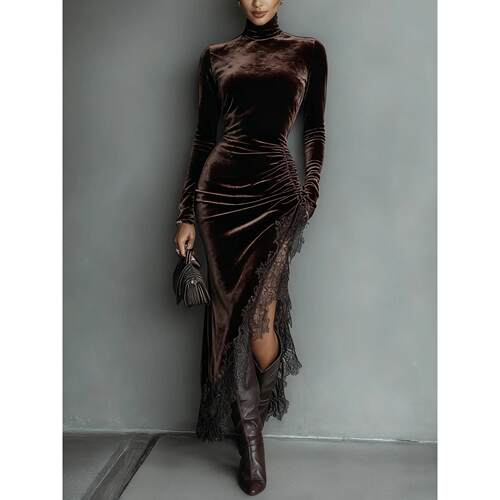 Women's high neck velvet long skirt pleated dress with