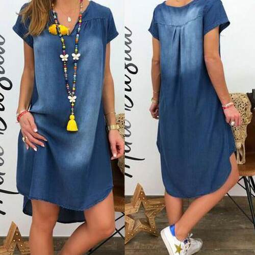 Skirt collar pullover short sleeved denim dress