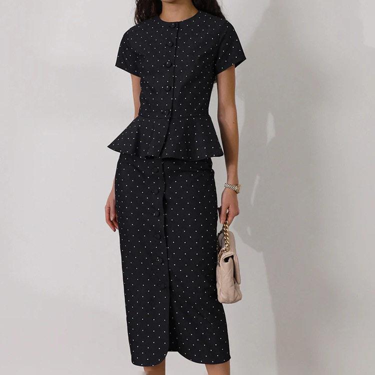 Polka dot skirt set, women's short sleeved cardigan top,图片