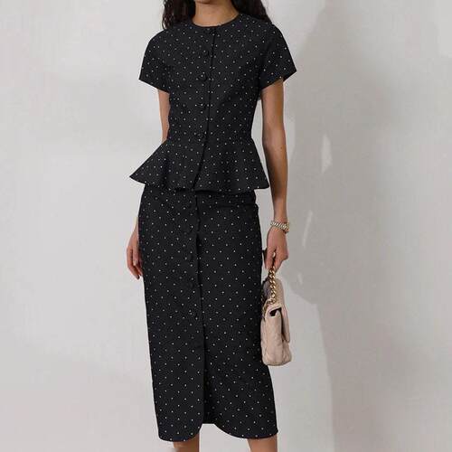 Polka dot skirt set, women's short sleeved cardigan top,