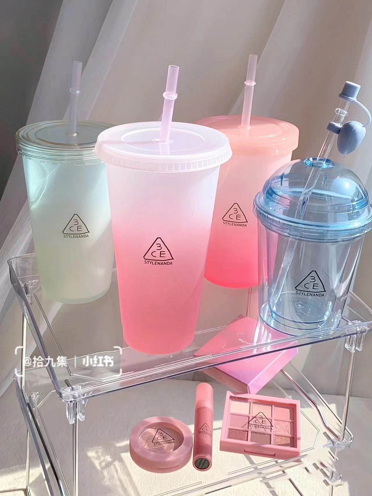 3ce水杯渐变蓝粉色爱心吸管杯蓝色透明变色杯 喜茶联名款正品包邮