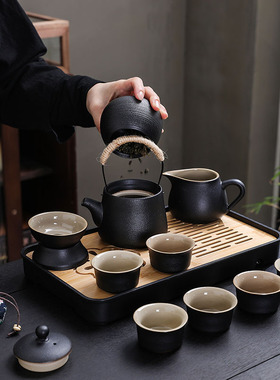 泡茶壶茶杯茶具套装提梁壶粗陶瓷家用客厅办公功夫茶具轻奢简约