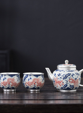 纯银999泡茶壶功夫茶具家用小套装手工鎏银单个盖碗茶杯礼盒