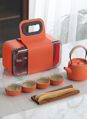 粗陶旅行茶具套装提梁壶四杯式收纳包户外商务送礼轻奢
