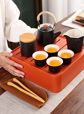 创意旅行茶具套装户外商务露营复古粗黑陶古韵陶瓷一壶四杯