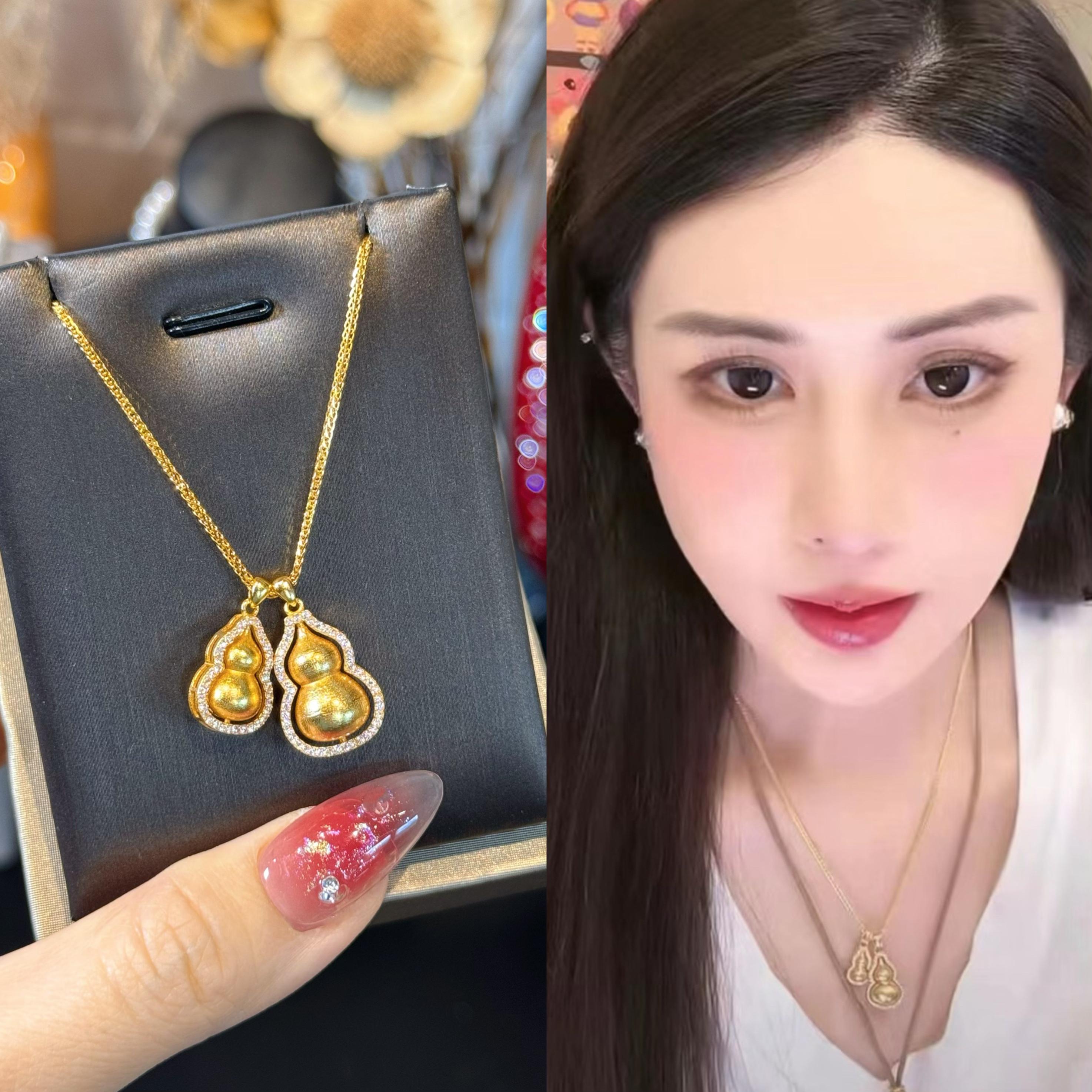 杨杨babytime 【金包银】韦雪同款古法黄金色古法磨砂双葫芦项链