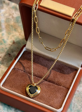 杨杨babytime 高保色 法式复古黑色爱心双层项链老钱风毛衣链金色