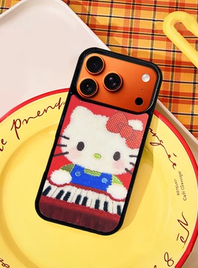 kitty猫油画弹钢琴红色底适用于苹果12手机保护壳高颜值16promax潮流手机壳创意17pro手机保护套时尚卡通