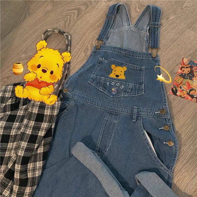 CUTE CARTOON EMBROIDERY BEAR DENIM BIB WOMENS HIGH WAIST LOOSE STRAIGHT CHIC AGE REDUCTION WIDE LEG TROUSERS TIDE BF