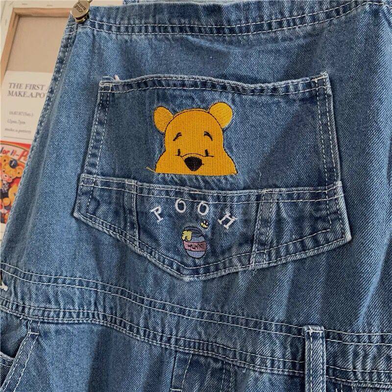 CUTE CARTOON EMBROIDERY BEAR DENIM BIB WOMENS HIGH WAIST LOOSE STRAIGHT CHIC AGE REDUCTION WIDE LEG TROUSERS TIDE BF