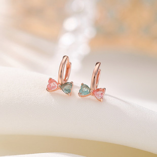 S925纯银镀玫瑰金镶嵌碧玺蝴蝶结耳钉轻奢气质通勤百搭女耳夹耳饰