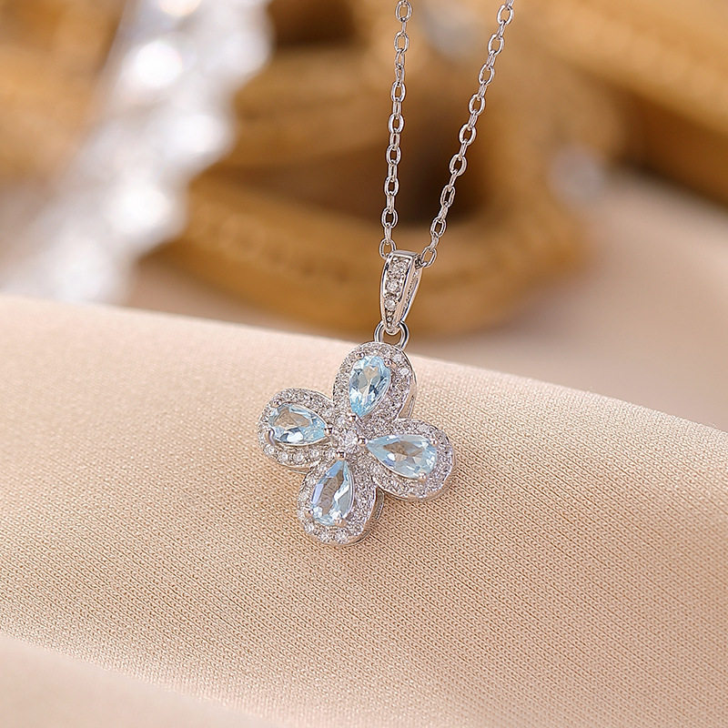 S925纯银海蓝宝四叶草吊坠水滴时尚通勤轻奢气质百搭女款银挂件