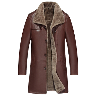 中老年真皮风衣男皮毛一体中长款山羊皮翻领羊羔毛外套厚71-19012