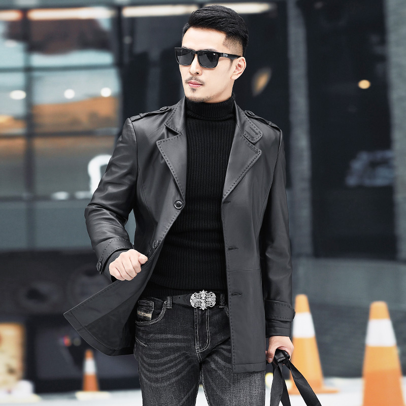 绵羊皮真皮皮衣男猎装风衣中长款海宁皮衣爸爸装真皮夹克男27-705