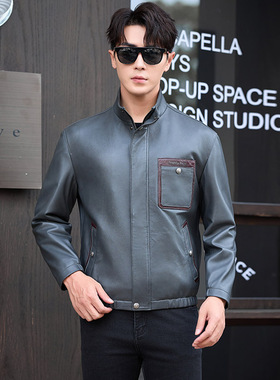 2025春季新款真皮皮衣男绵羊皮夹克立领机车服灰色外套单10-28005