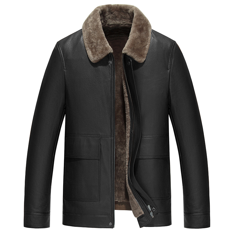 真皮皮衣男皮毛一体男牛皮夹克男短款羊毛内胆冬季皮大衣19-21808
