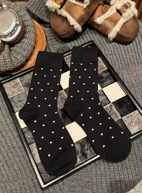 【Puffshop】原创25FW纯色波点百搭气质棉黑白学院风中筒袜堆堆袜