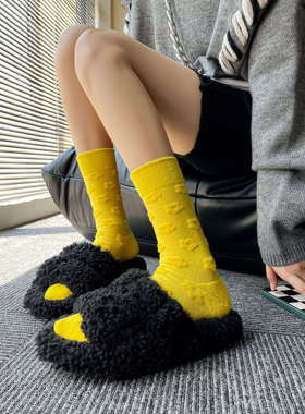 反穿波点爱心黄色纯棉秋冬欧货洋气小众潮流网红中筒袜子保暖