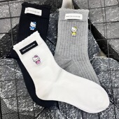 原创25FW韩版 Puffshop 可爱卡通刺绣小猫字母布标中筒袜潮袜