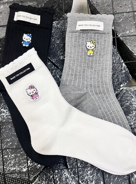 【Puffshop】原创25FW韩版可爱卡通刺绣小猫字母布标中筒袜潮袜