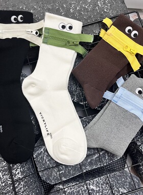 【Puffshop】原创25FW刺绣搞怪拉链眼睛翻边时髦女袜子洋气中筒袜