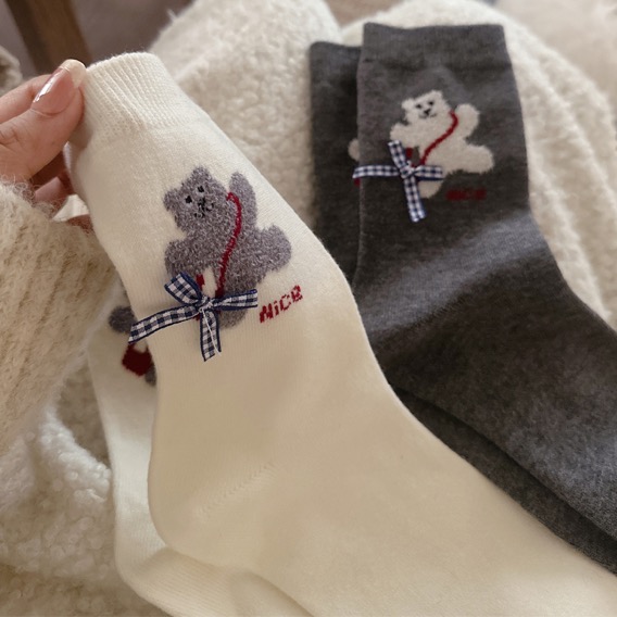 卡通小熊羊毛袜子蝴蝶结韩系女
