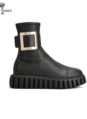 Roger Vivier/罗杰·维维亚2023新款女靴黑色金属扣牛皮弹力踝靴