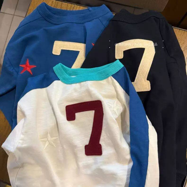 儿童数字女条纹长袖圆领不限季节T恤宽松撞色拼色韩版男童休闲