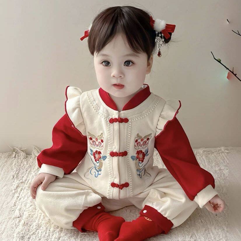 婴儿中国风百天唐装连体爬服