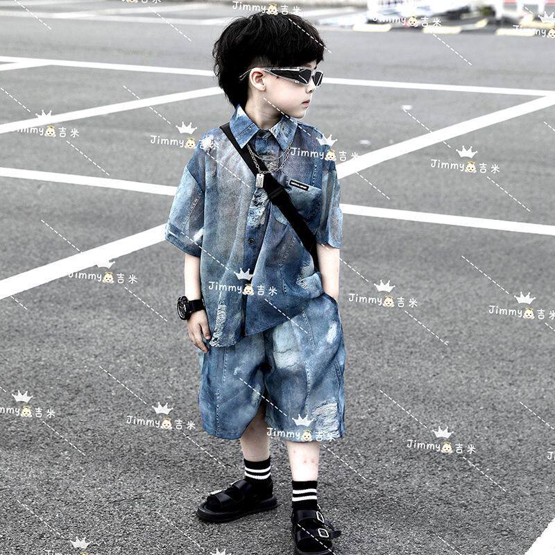 童装夏装「夏日觉醒」男童仿牛仔衬衫套装夏季儿童短袖衬衫短裤潮