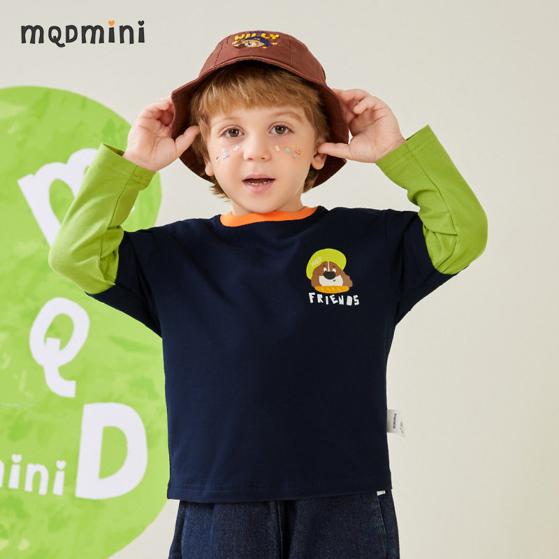 MQDmini童装男童t恤长袖春季新款中小童撞色拼接打底个性百搭上衣