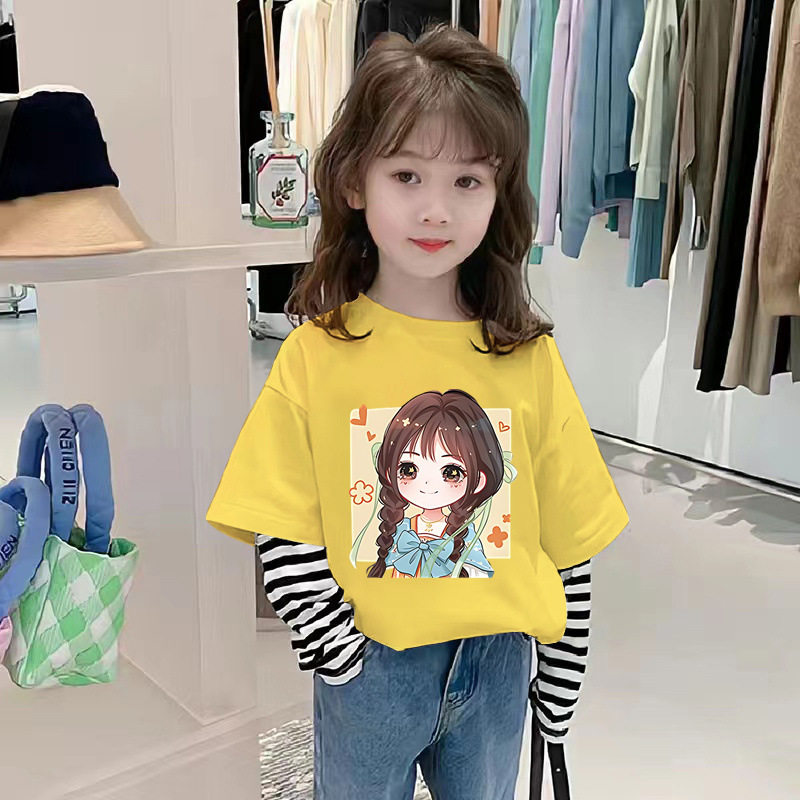 G2369#2025女童纯棉假两件长袖T恤春秋季中大童韩版百搭条纹上衣