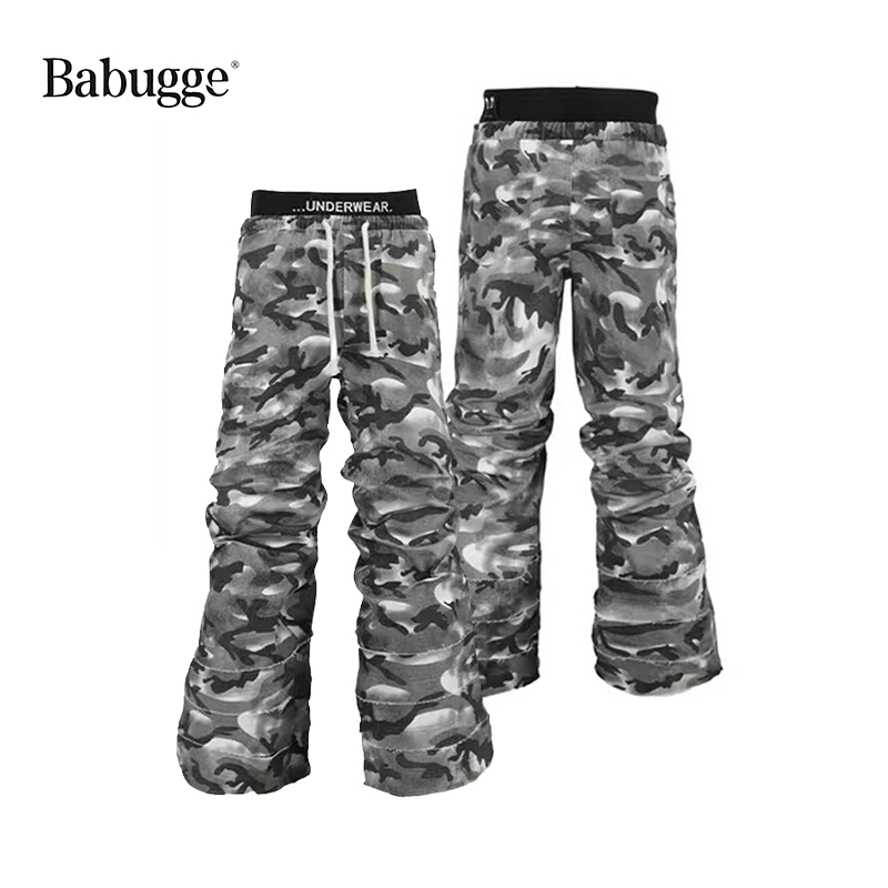 美式休闲宽松复古迷彩褶皱长裤