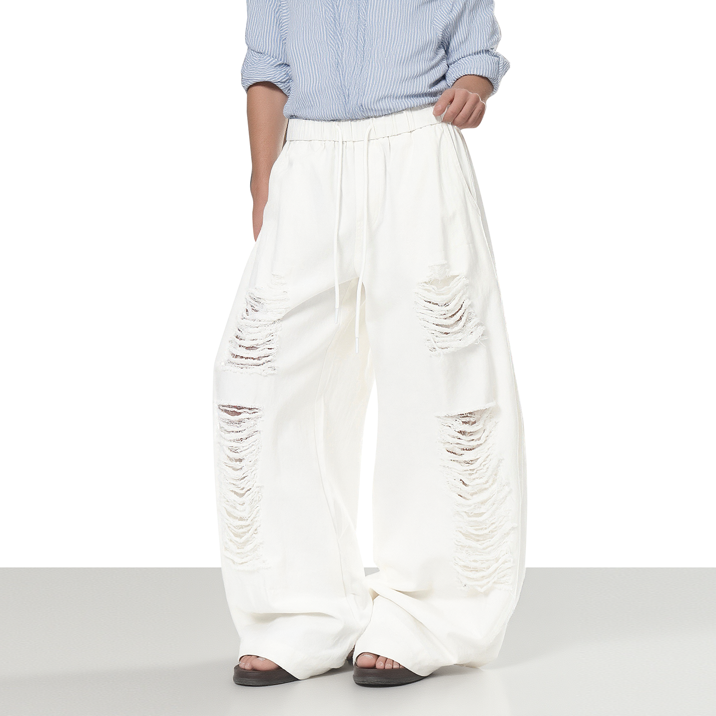 美式复古白色设计感破洞休闲长裤