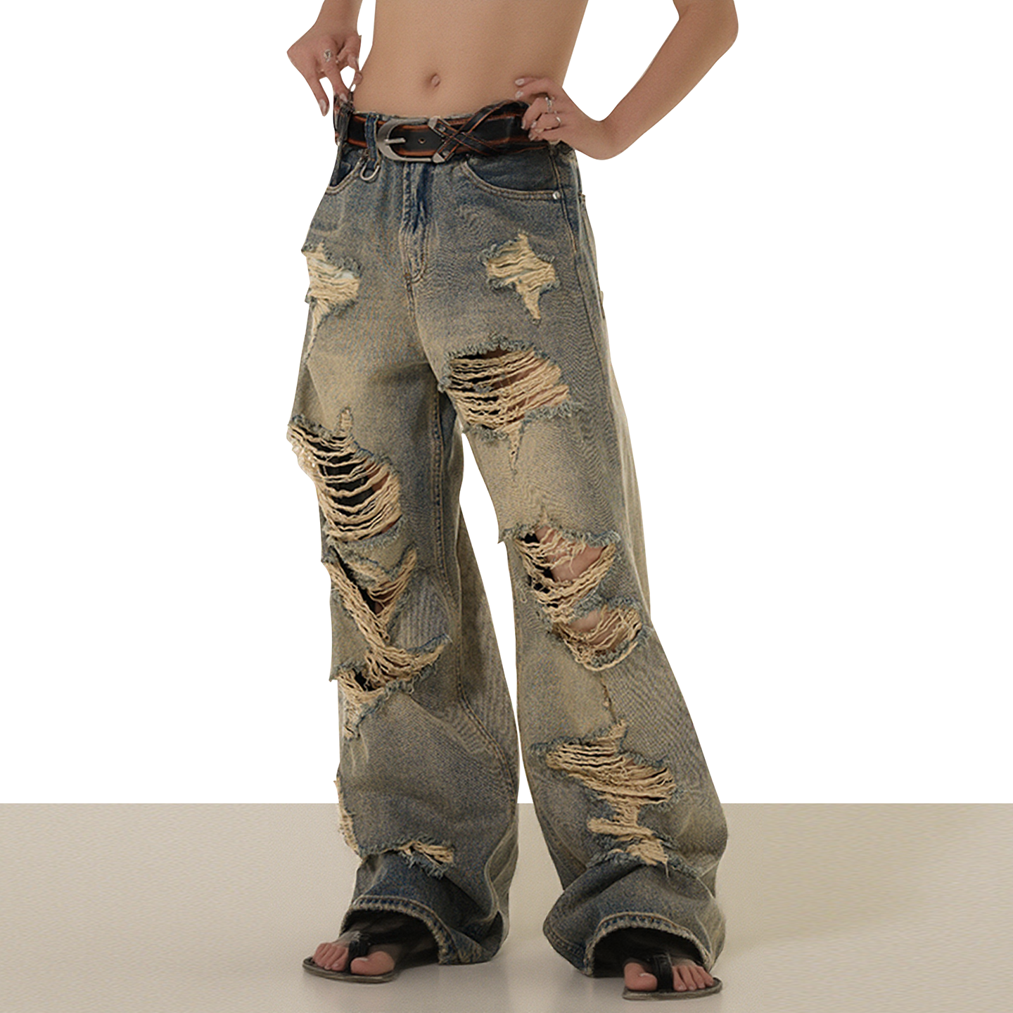 美式复古废土风破洞阔腿拖地长裤