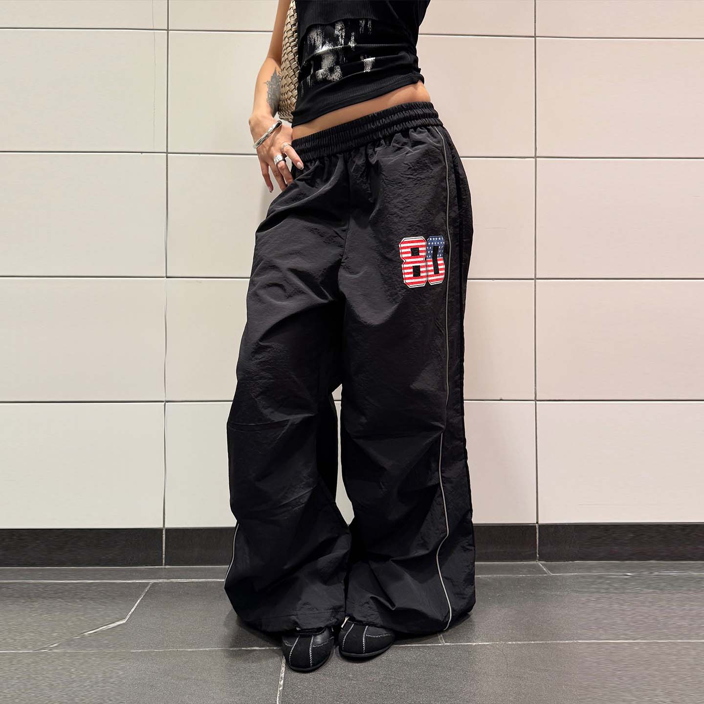 美式复古反光条数字刺绣休闲裤潮