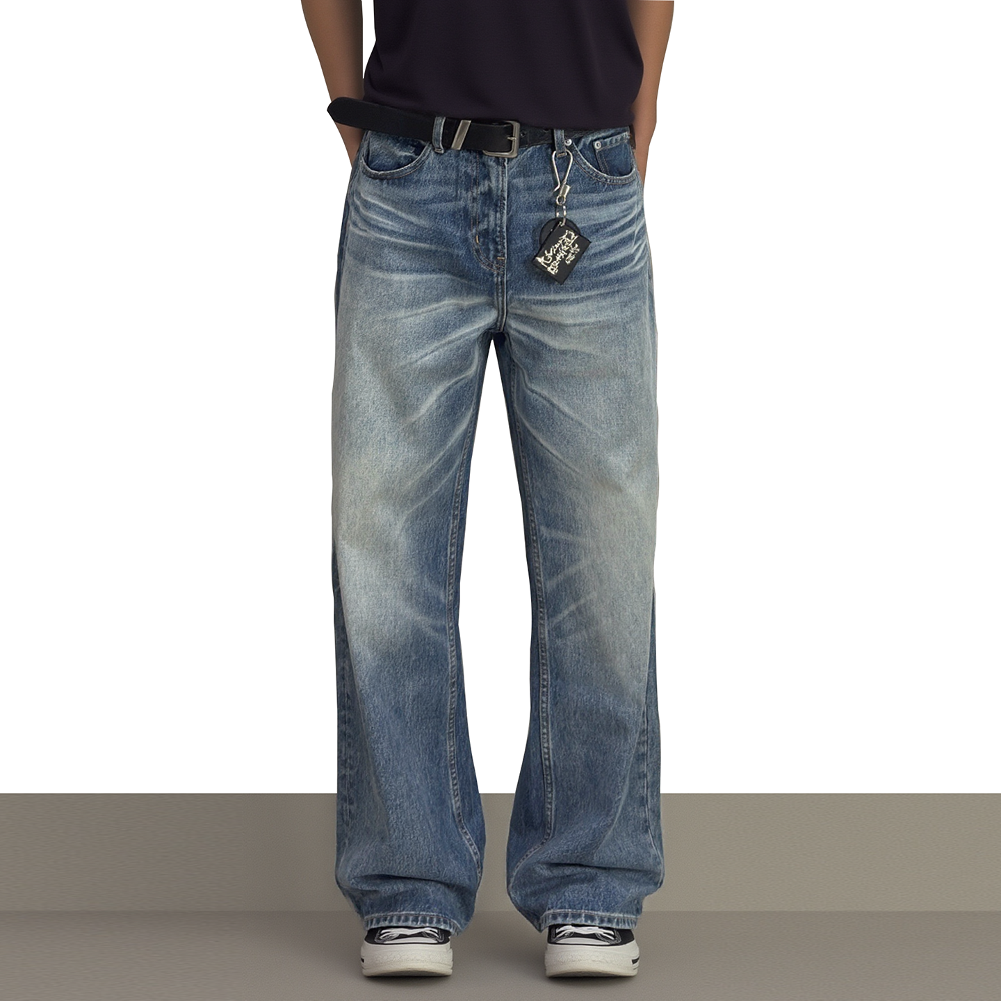 美式复古蓝色做旧猫须阔腿牛仔裤