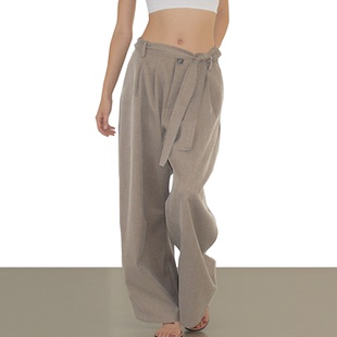 宽松百搭阔腿裤 Babugge 男女2025秋季 简约褶皱腰带弯刀休闲裤 美式