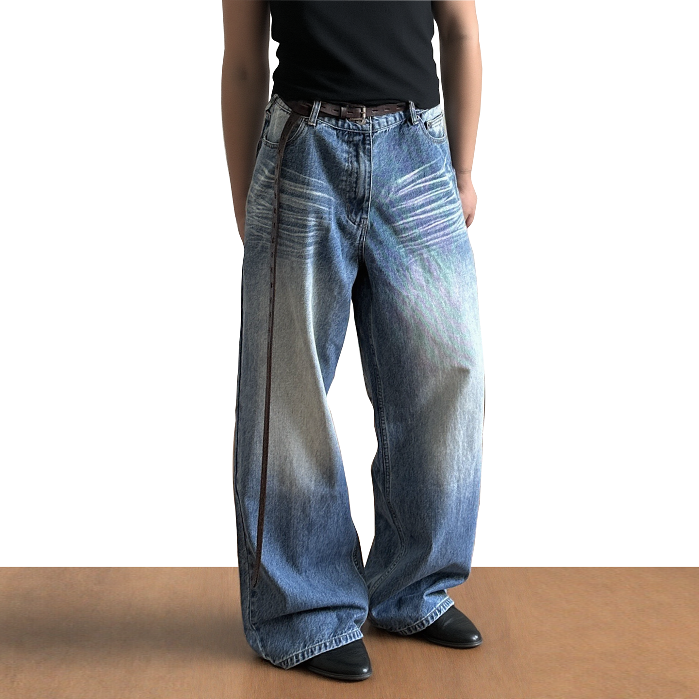 美式复古蓝色水洗阔腿百搭牛仔裤